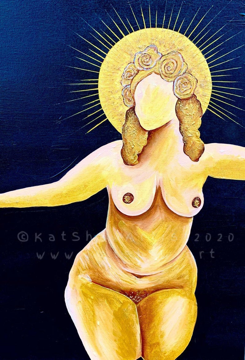 K&ouml;nnte beinhalten: Ein Gem&auml;lde einer nackten Frau mit einem goldenen Heiligenschein und einer Rosenkrone. Die Frau ist in voller Figur dargestellt und steht mit ausgestreckten Armen. Der Hintergrund ist dunkelblau.