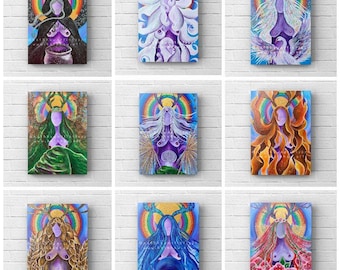 The Wheel of the Lady  A set of 9 small canvas print glitter embellished empowering Goddess paintings