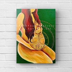 May include: A painting of a pregnant woman with a tree of life design on her belly. The woman is nude and has long red hair. The background is a deep green colour with gold accents.