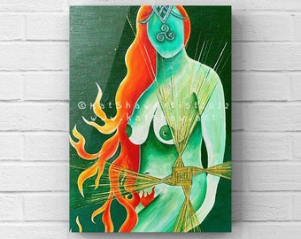 Brighid canvas print, glitter embellished empowering Goddess painting