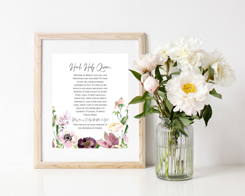 Hail Holy Queen Prayer Print With Floral Border - Catholic Prayer ...