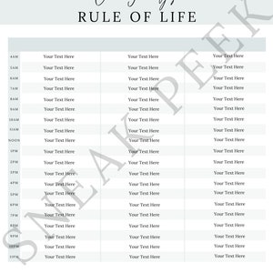 Peut inclure: Un tableau imprimable avec un fond bleu clair et du texte noir. Le tableau est intitul&eacute; "Our Family's Rule of Life". Le tableau est divis&eacute; en trois colonnes. La premi&egrave;re colonne liste les heures de 4h du matin &agrave; 23h. Les deuxi&egrave;me et troisi&egrave;me colonnes sont vides et intitul&eacute;es "Your Text Here".