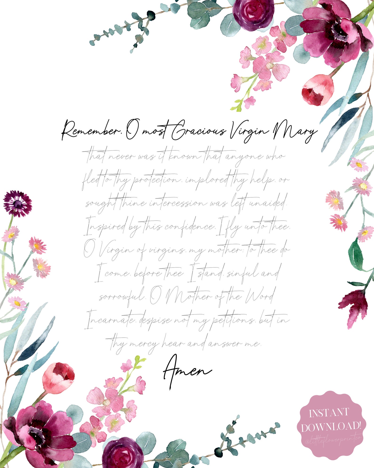 Memorare Prayer Print Catholic Prayer to Our Lady Printable