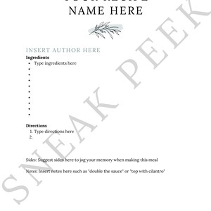 Peut inclure: Un mod&egrave;le de recette imprimable avec le texte "YOUR RECIPE NAME HERE" et "INSERT AUTHOR HERE". Le mod&egrave;le comprend des sections pour les ingr&eacute;dients, les instructions, les accompagnements et les notes.