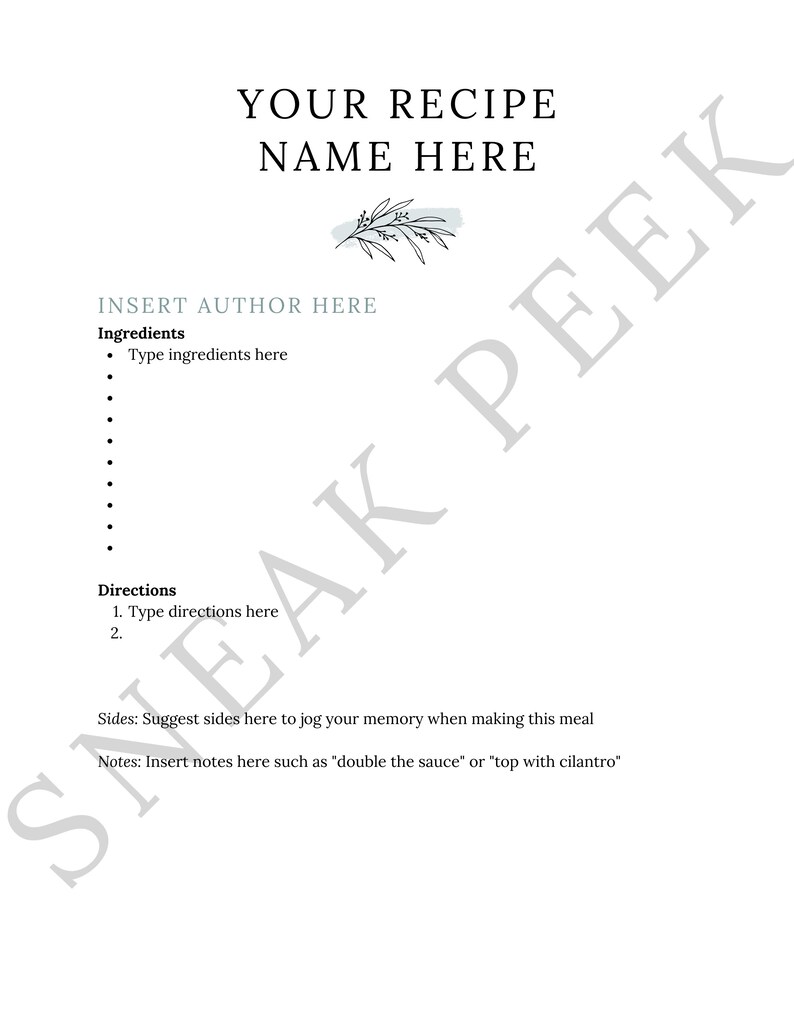 Peut inclure: Un mod&egrave;le de recette imprimable avec le texte "YOUR RECIPE NAME HERE" et "INSERT AUTHOR HERE". Le mod&egrave;le comprend des sections pour les ingr&eacute;dients, les instructions, les accompagnements et les notes.