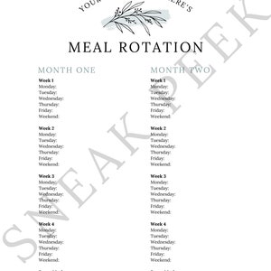 Peut inclure: Un planificateur de rotation des repas imprimable avec un motif floral. Le planificateur est divis&eacute; en deux sections&nbsp;: Mois un et Mois deux. Chaque section comprend quatre semaines, avec de l&rsquo;espace pour lister les repas pour chaque jour de la semaine, y compris le lundi, le mardi, le mercredi, le jeudi, le vendredi et le week-end. Il y a &eacute;galement une section pour les repas bonus.