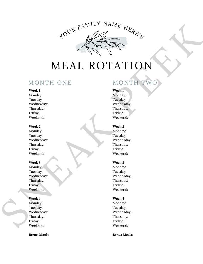 Peut inclure: Un planificateur de rotation des repas imprimable avec un motif floral. Le planificateur est divis&eacute; en deux sections&nbsp;: Mois un et Mois deux. Chaque section comprend quatre semaines, avec de l&rsquo;espace pour lister les repas pour chaque jour de la semaine, y compris le lundi, le mardi, le mercredi, le jeudi, le vendredi et le week-end. Il y a &eacute;galement une section pour les repas bonus.