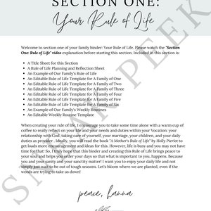 Peut inclure: Un guide imprimable intitul&eacute; "Section One: Your Rule of Life" avec un fond bleu clair. Le guide comprend une liste de feuilles de travail et de mod&egrave;les imprimables pour cr&eacute;er une r&egrave;gle de vie familiale, y compris une feuille de titre, une feuille de planification et de r&eacute;flexion, et des mod&egrave;les de routine hebdomadaire. Le guide comprend &eacute;galement une citation : "Lorsque vous cr&eacute;ez votre r&egrave;gle de vie, je vous encourage &agrave; prendre du temps seul avec une tasse de caf&eacute; chaude pour r&eacute;fl&eacute;chir &agrave; votre vie et &agrave; vos besoins et devoirs dans votre vocation : votre relation avec Dieu, prendre soin de vous, votre mariage, vos enfants et vos t&acirc;ches quotidiennes de fournisseur. Id&eacute;alement, vous lirez le livre "A Mother's Rule of Life" de Holly Pierlot pour obtenir plus d'encouragement et d'id&eacute;es pour cela. Cependant, la vie est bien remplie et vous n'aurez peut-&ecirc;tre pas le temps pour cela ! Alors, j'esp&egrave;re vraiment que ce classeur et la cr&eacute;ation de cette r&egrave;gle de vie apporteront la paix &agrave; votre &acirc;me et vous aideront &agrave; organiser vos journ&eacute;es afin que ce qui est important pour vous arrive. Parce que vous et votre sant&eacute; mentale et votre saintet&eacute; comptent ! Je veux que vous profitiez de votre vie quotidienne et que vous n'attendiez pas simplement de sortir des p&eacute;riodes difficiles. Fleurissons l&agrave; o&ugrave; nous sommes plant&eacute;s, m&ecirc;me si les mauvaises herbes essaient de nous faire tomber !" Le guide est sign&eacute; "peace, fanna" et comprend le site Web "untoldjoy.com".