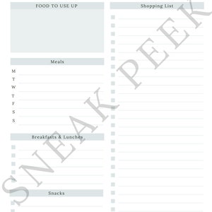 Peut inclure: Un planificateur de repas imprimable avec des sections pour les aliments &agrave; utiliser, une liste de courses, les repas, les petits d&eacute;jeuners et les d&eacute;jeuners, et les collations. Le planificateur a un fond bleu clair et du texte blanc.