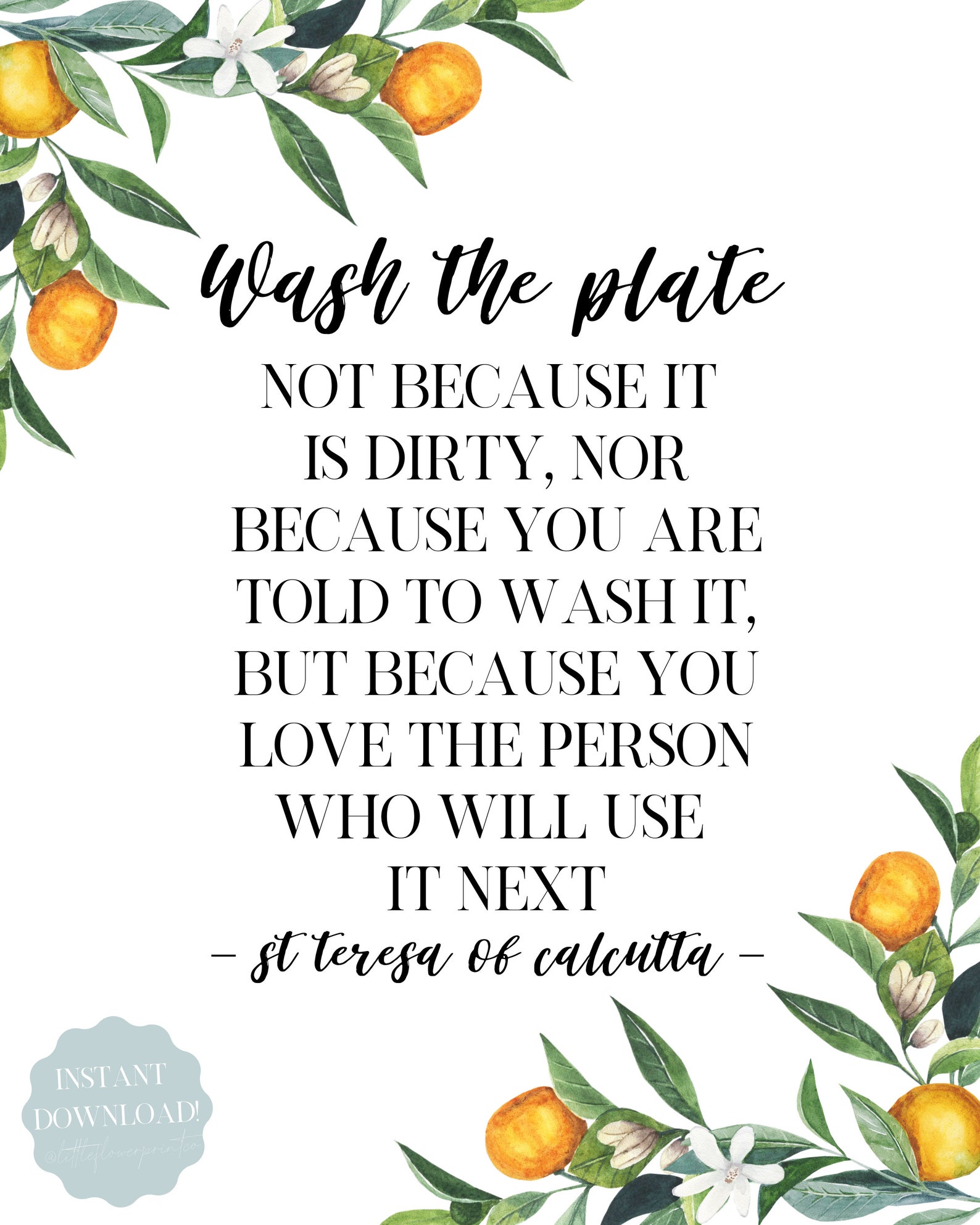 Wash the Plate Mother Teresa Quote Print St Teresa of Calcutta Quote ...