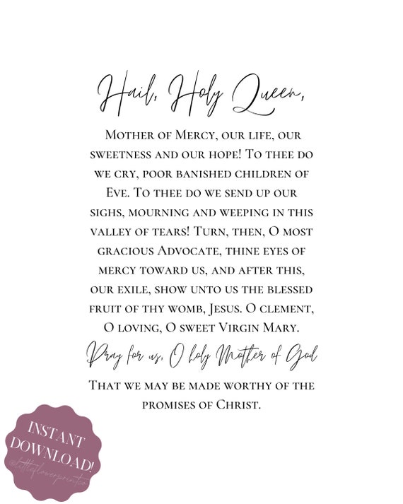 Hail Holy Queen Prayer Print Catholic Prayer Printable - Etsy