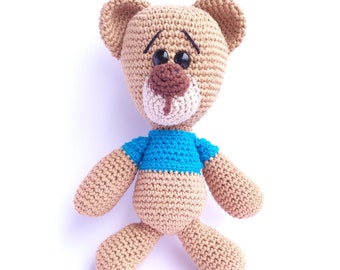 Crochet Amigurumi Teddy Bear Wearing Blue T-shirt, Perfect Christmas or Birthday Gift For Babies, Toddlers, Kids, Boys, Girls, Baby shower