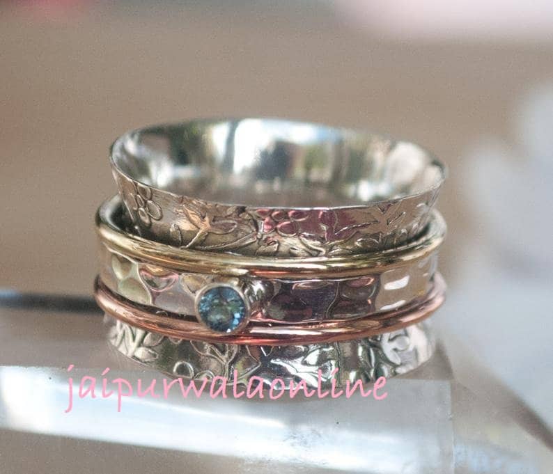 Blue Topaz Ring*Spinner Ring*925 Sterling Silver Ring*Blue Topaz Semi Precious Stone With Brass Tone Spinner*Silver Band Ring*Two Tone Ring*