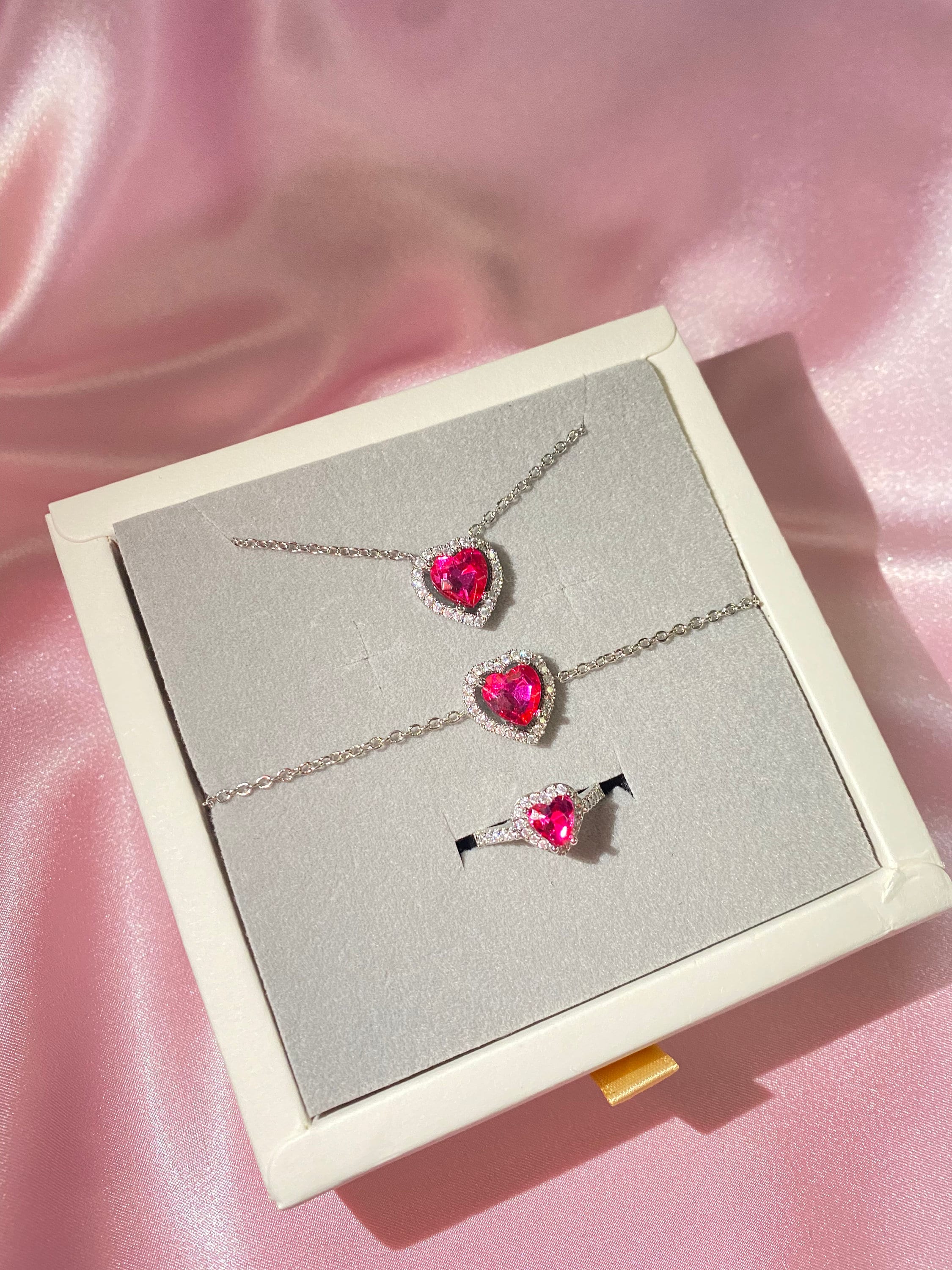 Pandora Pink Swarovski Heart Set, Pink Heart Necklace,pink Heart
