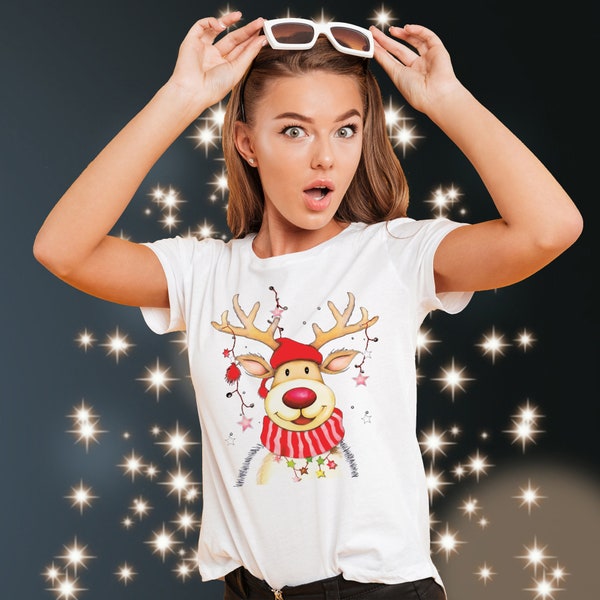 Funny Christmas T-Shirt: Retro Graphic Shirt with Rudolph the Reindeer - Organic Cotton Tee, Perfect Family Gift