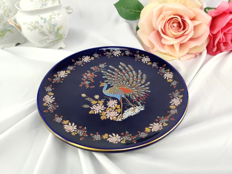 Plate Porcelain Cobalt Blue Peacock ORO ZECCHINO Italy
