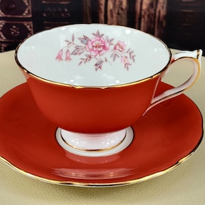 Vintage AYNSLEY Tea Cup and Saucer: Terracotta Floral, Gold Trim