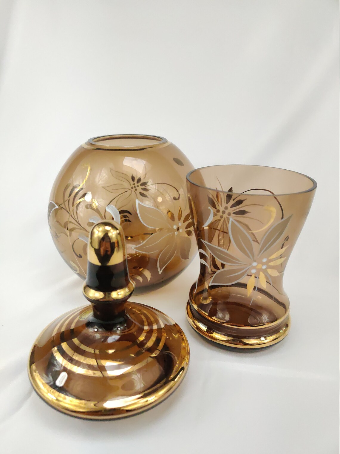 Crystal Bowl And Vase BOHEMIA Lidded Czechoslovakia Dark Brown | Etsy