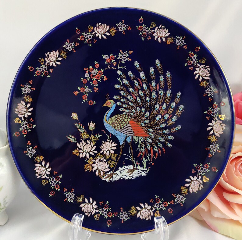 Plate Porcelain Cobalt Blue Peacock ORO ZECCHINO Italy