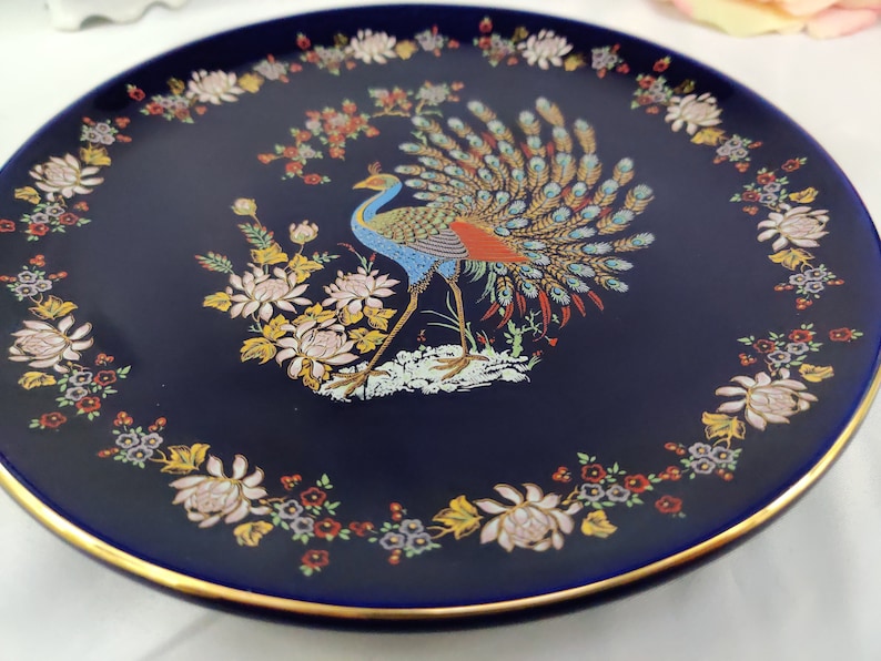 Plate Porcelain Cobalt Blue Peacock ORO ZECCHINO Italy