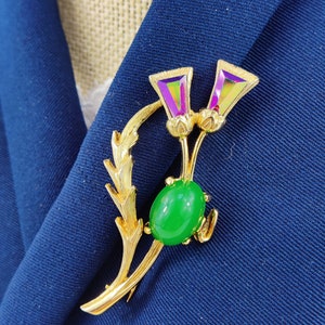 AVON Thistle Brooch: Faux Jade & Aurora Borealis Crystals
