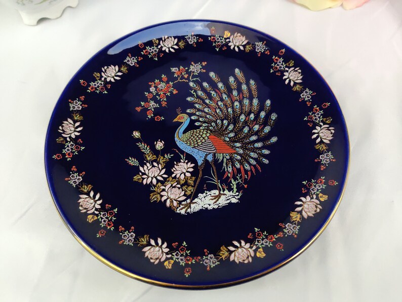 Plate Porcelain Cobalt Blue Peacock ORO ZECCHINO Italy
