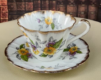 Vintage Gladstone Bone China Tea Cup and Saucer: Floral Gold Accents