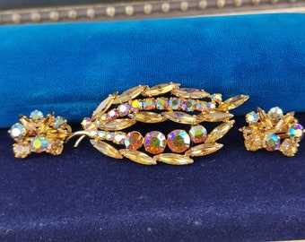 Vintage Brooch and Clip On Earrings Jewelry Set: Aurora Borealis Crystals