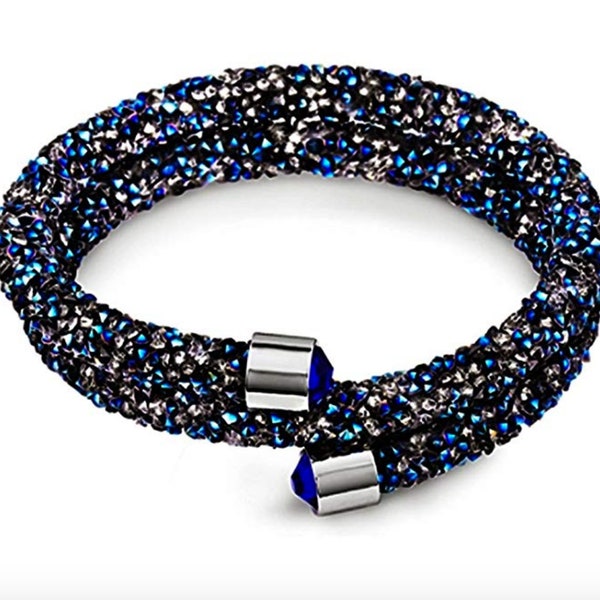 Pulsera de doble envoltura de cristal hecha con elementos Swarovski (negro con azul/negro con plata)