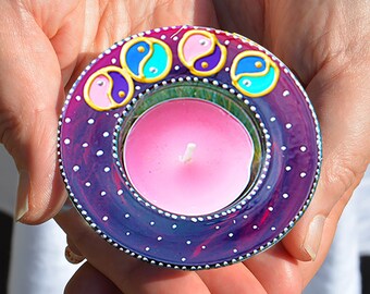 YIN YANG Purple Tealight Holder, Teen Girl Personalised Candle Holder Gift, Custom Hand Painted Votive Holder, Night & Day Taijitu Symbol