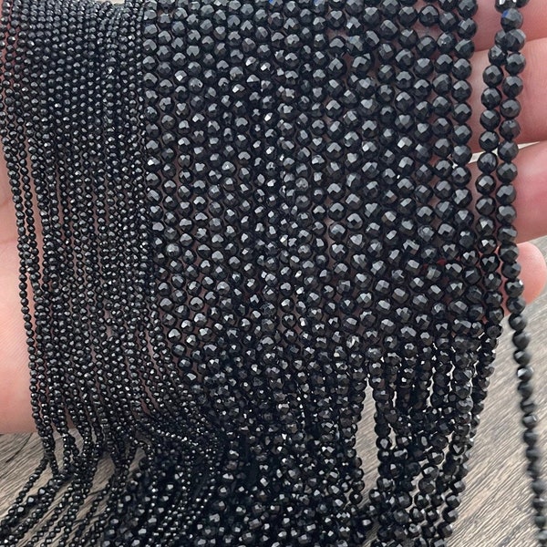 Small Faceted Black Tourmaline beads, Small Gemstone Beads, 2mm, 3mm, 4mm Black Tourmaline beads, 1 strand 15”