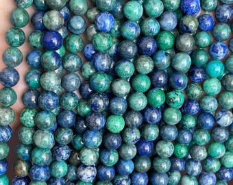 Cuentas de azurita y crisocola naturales / Cuentas redondas de piedra azul verdosa / Cuentas de cristal para la fabricación de joyas / Materiales para pulseras DIY