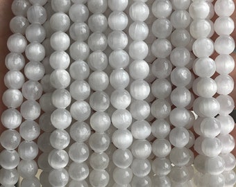 Perles de sélénite, perles de sélénite, perles, perles de mala, 1 fil 40 cm