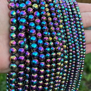 15 Strands Hematite Round Loose Beads 4mm To 12mm Rainbow Mix Multicolor