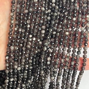 Small Faceted Silver Obsidian beads, Small Gemstone Beads, 2mm, 3mm, 4mm Silver Obsidian beads, 1 strand 15”