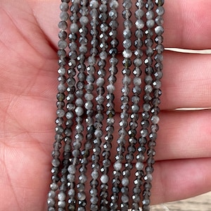 Small Faceted Silver Obsidian beads, Small Gemstone Beads, 2mm, 3mm, 4mm Silver Obsidian beads, 1 strand 15”