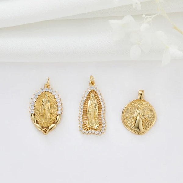 14k Gold Virgin Mary Pendant, Micro Pave Gold Coin Charm, Gold Coin Pendant charm, Religious Jewellery charm, Virgin Marry Charm,