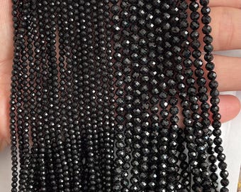 Pequeñas cuentas de turmalina negra facetada, pequeñas cuentas de piedras preciosas, 2 mm, 3 mm, 4 mm, cuentas de turmalina negra, 1 hebra de 15”