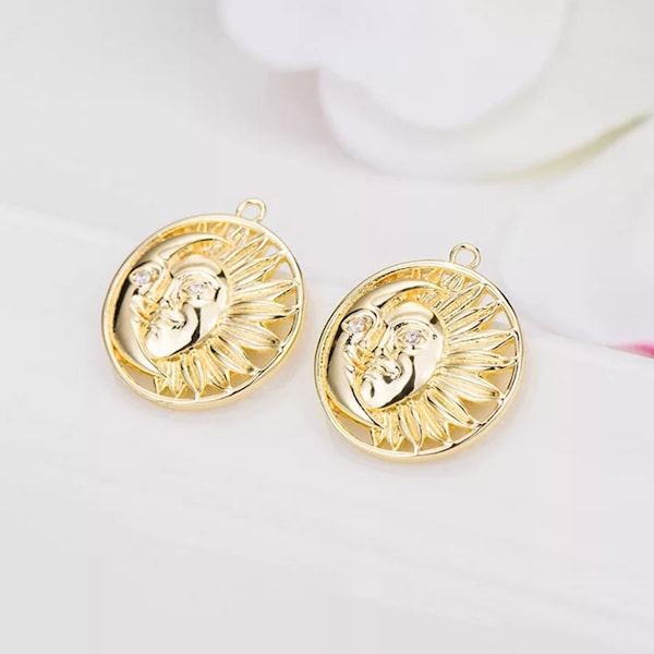 14k Gold plated Sun and moon coin charm, Medallion coin charm, Gold Disc charm pendant, Medallion charm, Gold plated Coin charm, sun charm,