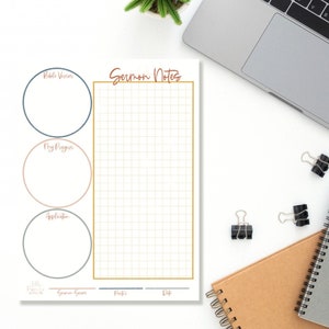 May include: A white Sermon Notes notepad with a grid pattern and sections for Bible verses, prayers, and application. The notepad has a gold border and is surrounded by office supplies, including a laptop and binder clips.