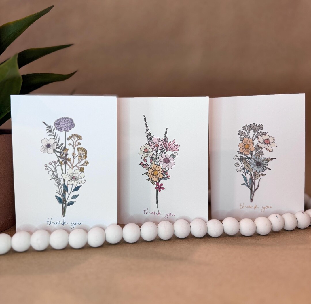 Floral Bouquet Thank You Card Set - 3 Card Bundle - Blank Inside - Etsy