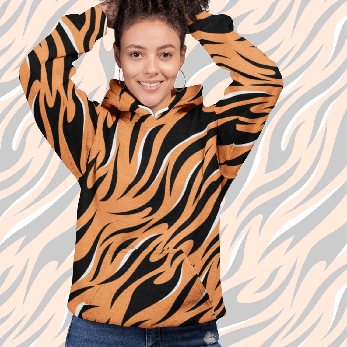Tiger Stripe All Over Print Hoodie Tiger Pattern Graphic Etsy