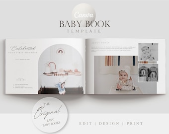 May include: A baby book template spread with the text "Baby Book Template" and "Celebrated Your First Birthday." The book includes photos and design elements, including a baby in a high chair. The text "Edit | Design | Print" is also visible.