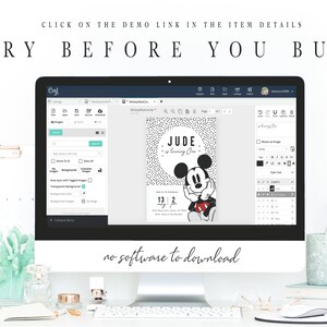 Puede incluir: Una pantalla de ordenador que muestra un sitio web con un dise&ntilde;o de invitaci&oacute;n de cumplea&ntilde;os con tem&aacute;tica de Mickey Mouse. El texto de la invitaci&oacute;n dice "JUDE cumple un a&ntilde;o". El sitio web se llama "Cayl" y el texto "no hay software para descargar" se muestra debajo de la pantalla.