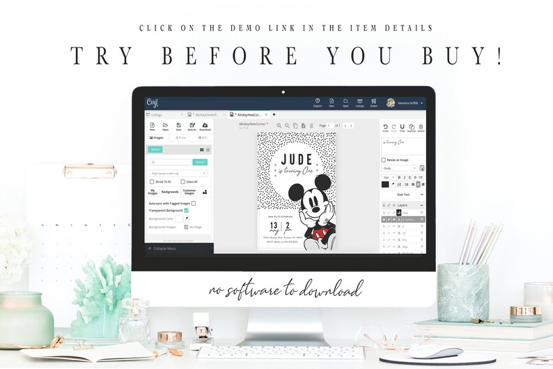 Puede incluir: Una pantalla de ordenador que muestra un sitio web con un dise&ntilde;o de invitaci&oacute;n de cumplea&ntilde;os con tem&aacute;tica de Mickey Mouse. El texto de la invitaci&oacute;n dice "JUDE cumple un a&ntilde;o". El sitio web se llama "Cayl" y el texto "no hay software para descargar" se muestra debajo de la pantalla.