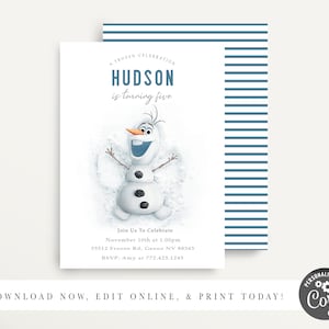Frozen 2  Olaf Invitation, Modern Frozen Invite, Olaf Birthday Invite, Simple Frozen Decor, Frozen 2, Anna, Elsa, Olaf,  Corjl