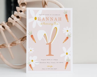 Invitation d’anniversaire Bunny, EDITABLE Bunny 1st Birthday Invitation, Pink Gold Bunny Invitations Spring Floral Bunny Téléchargement instantané Modèle