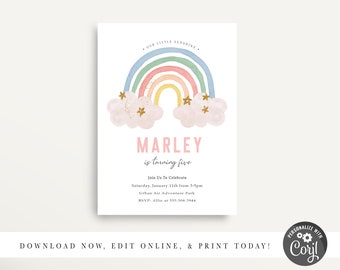May include: A printable birthday invitation featuring a rainbow with clouds and gold stars. The text reads "Our Little Sunshine. Marley is turning five. Join us to celebrate Saturday, January 11th from 3-5pm Urban Air Adventure Park RSVP: Allie at 555 506 3944"
