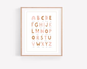 May include: A printable alphabet chart with pink and brown letters. Each letter is decorated with a floral pattern. The letters are paired with a word that starts with that letter, such as apple, bat, cat, daisy, egg, etc.