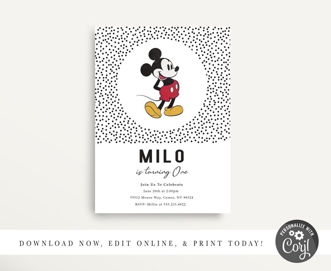 Mickey Mouse Invitation, Printable Mickey Invitation, Modern Mickey Mouse Invitation, Mickey ...